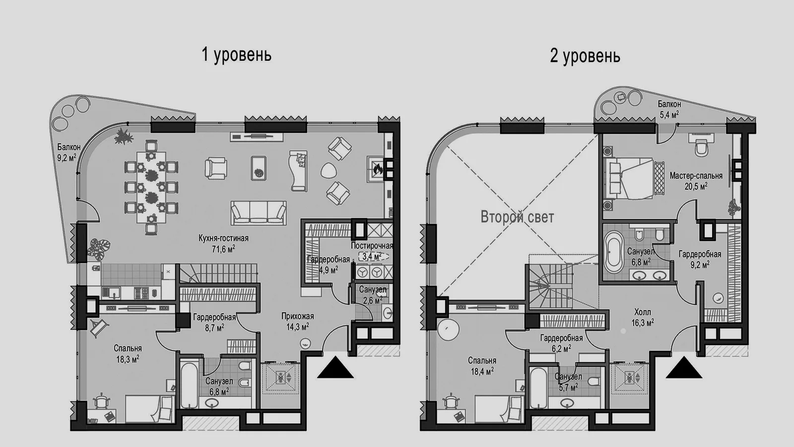 Планировка пентхауса со вторым светом, 212 м²